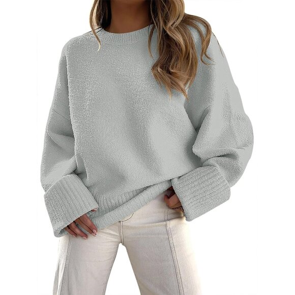 Women's Oversized Sweater Fuzzy Light Grey Long Sleeve Casual Chunky Pullover - Picture 1 of 8